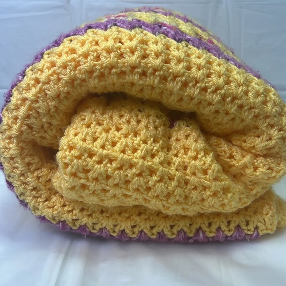 82” x 45” Hand Knit Throw Blanket Soft Yellow Purple